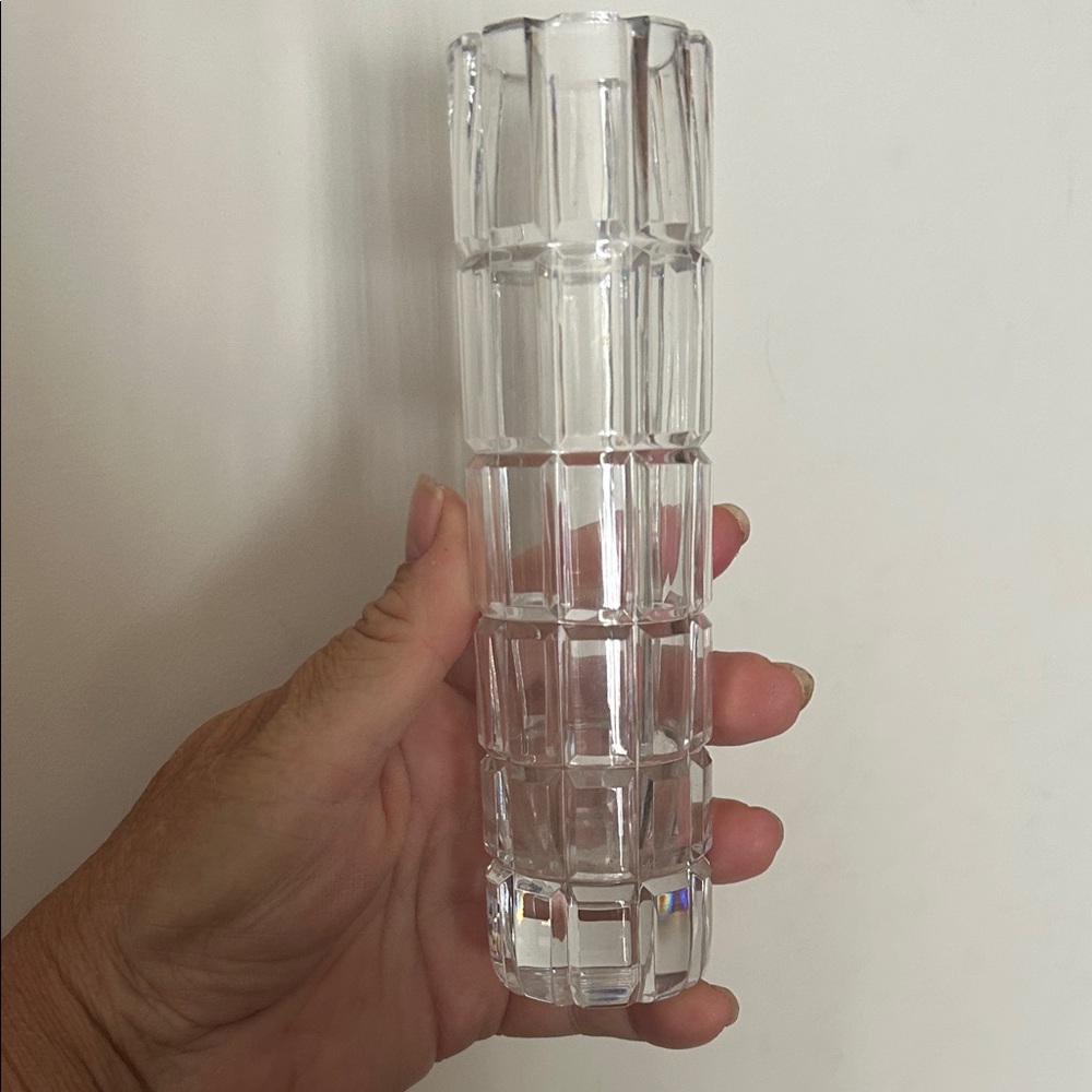 Vtg 80s Cartier Crystal Beveled Cylindrical 8” Flower Bud Vase Signed